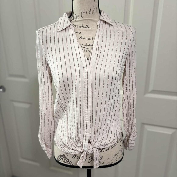 Women's Long-Sleeved Top with Rose Gold Shimmering Stripes with Buttoned Closure - Picture 1 of 8
